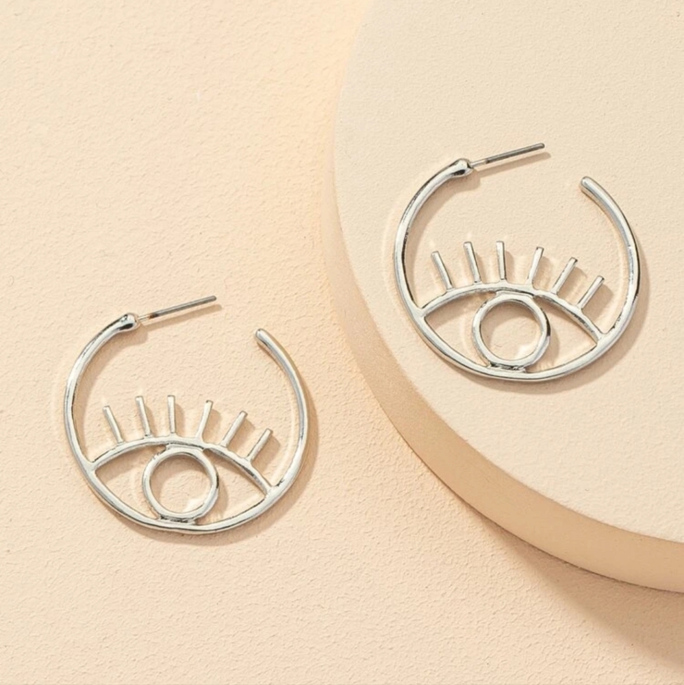 SILVER EYE MEDIUM HOOP‎ EARRINGS BOHO CUTE GIFT PRETTY  HOOPS  JEWELRY